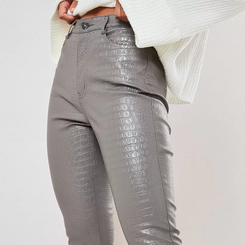 Carving Print Faux Leather Pants