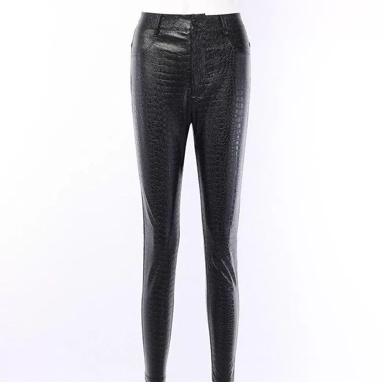 Carving Print Faux Leather Pants