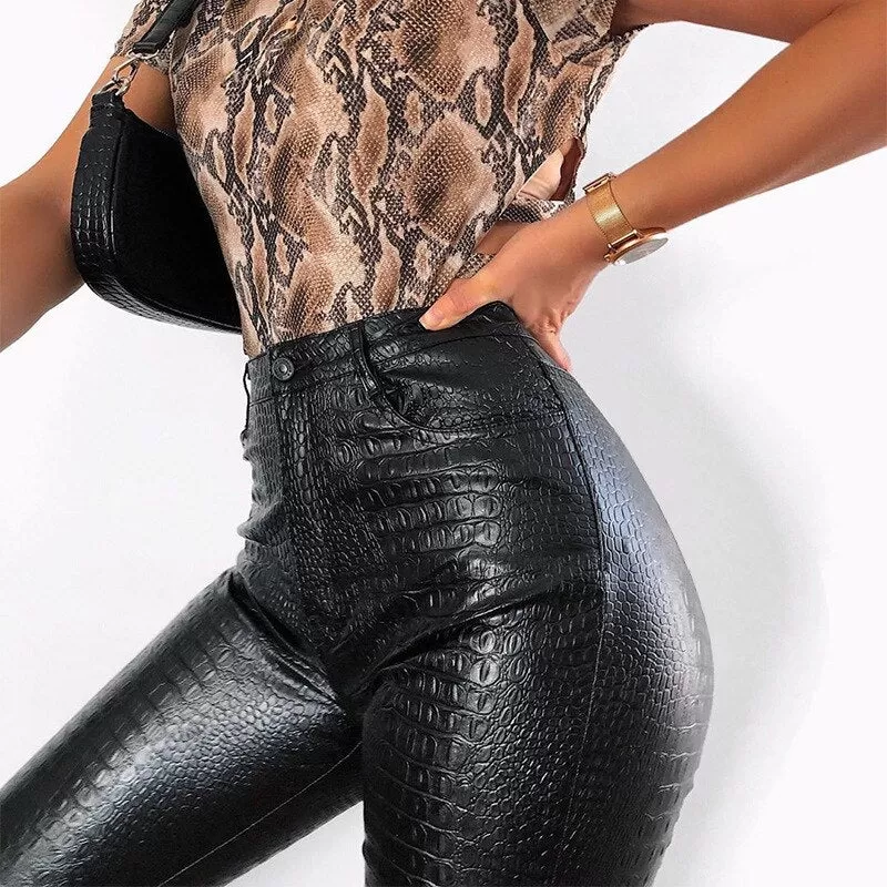 Carving Print Faux Leather Pants