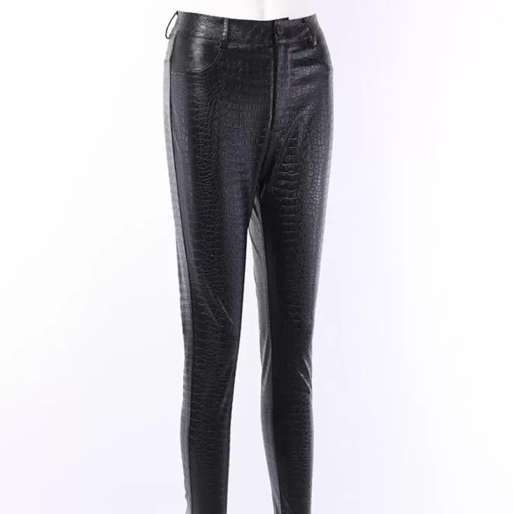 Carving Print Faux Leather Pants