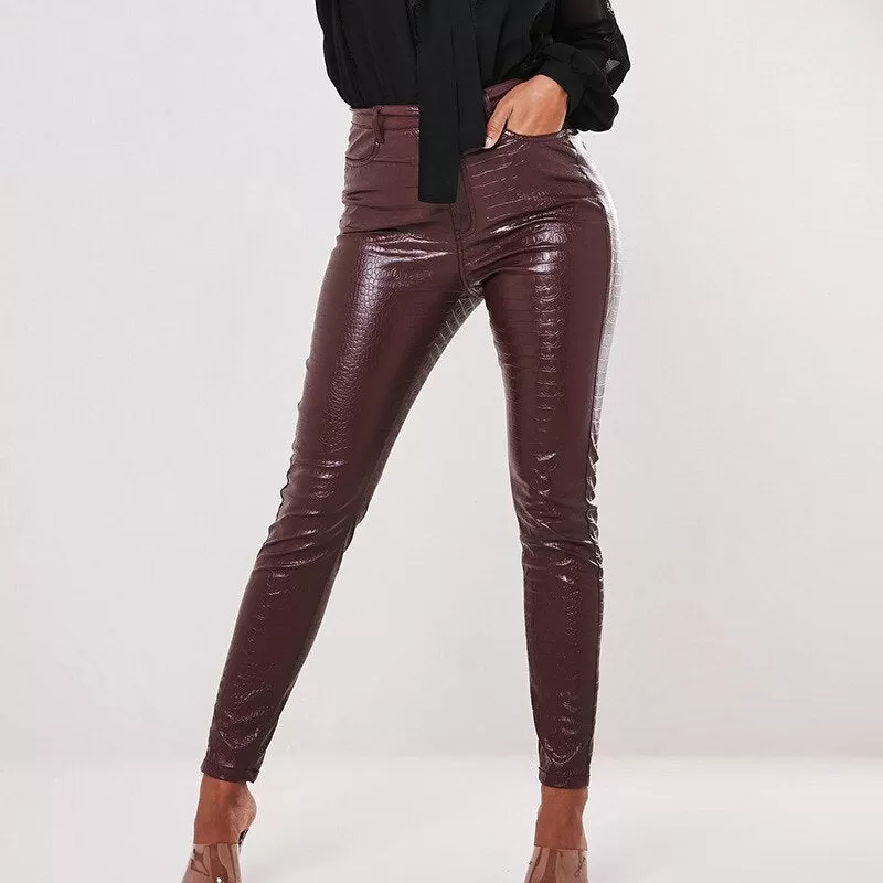 Carving Print Faux Leather Pants