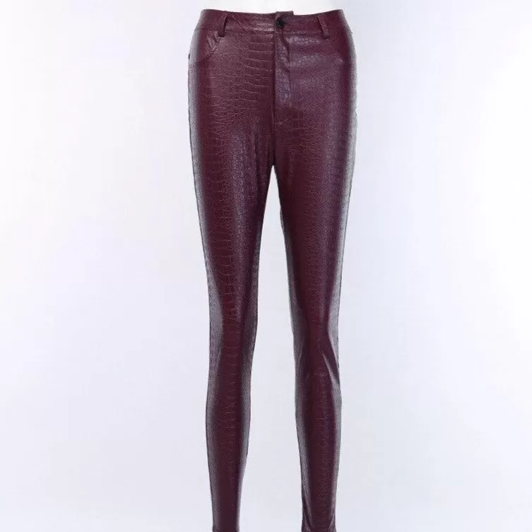 Carving Print Faux Leather Pants