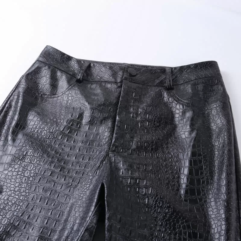 Carving Print Faux Leather Pants