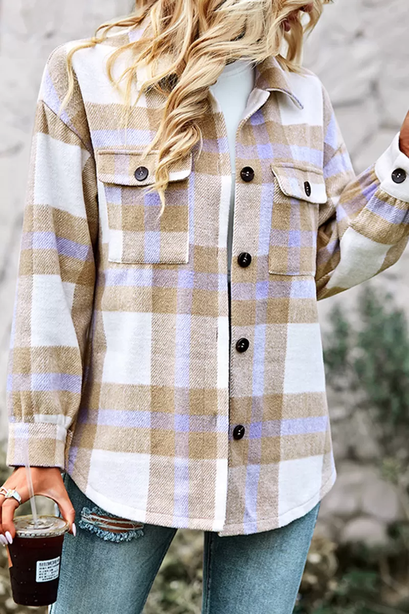 Casual Plaid Patchwork Turndown Collar Tops