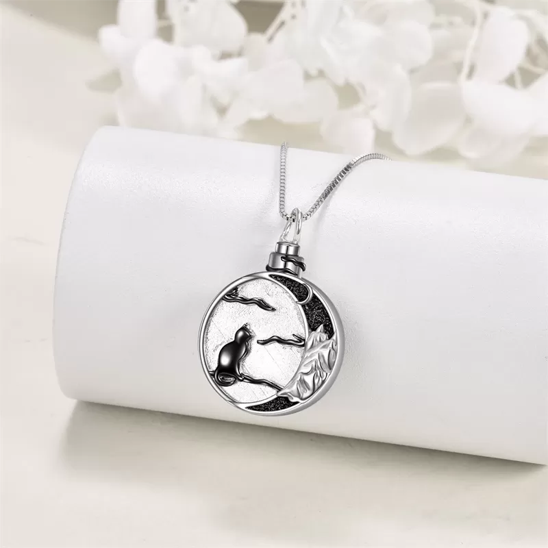 Cat Urn Necklace for Ashes Black Cat Moon Pendant as Gifts for Women