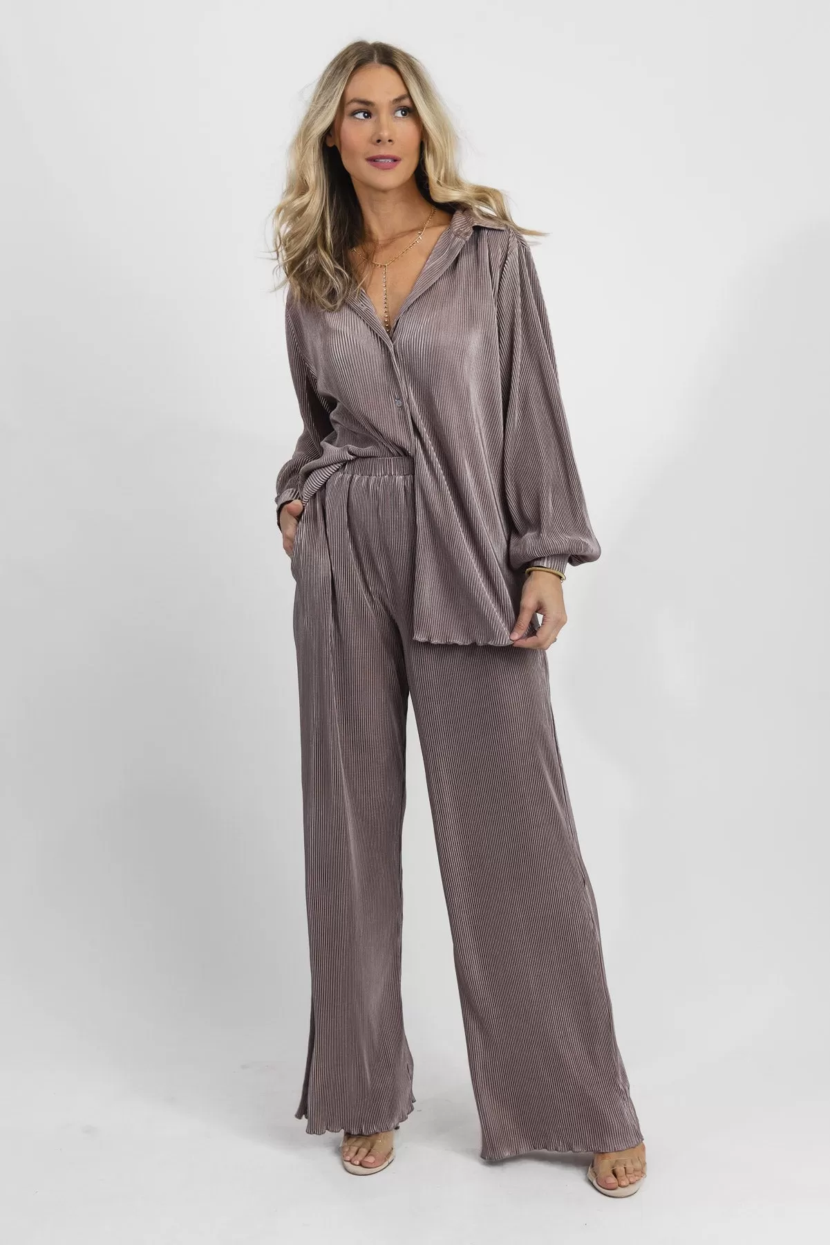 Catch Feelings Mocha Grey Plisse Set - Final Sale