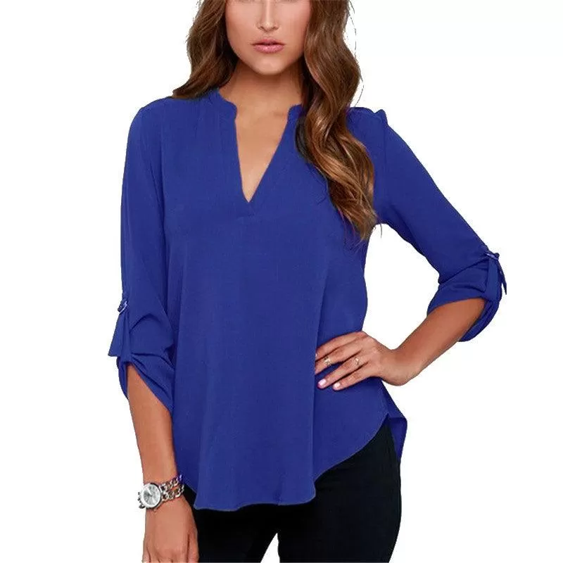 CHIFFON V-NECK BLOUSE  WITH 3/4 SLEEVES