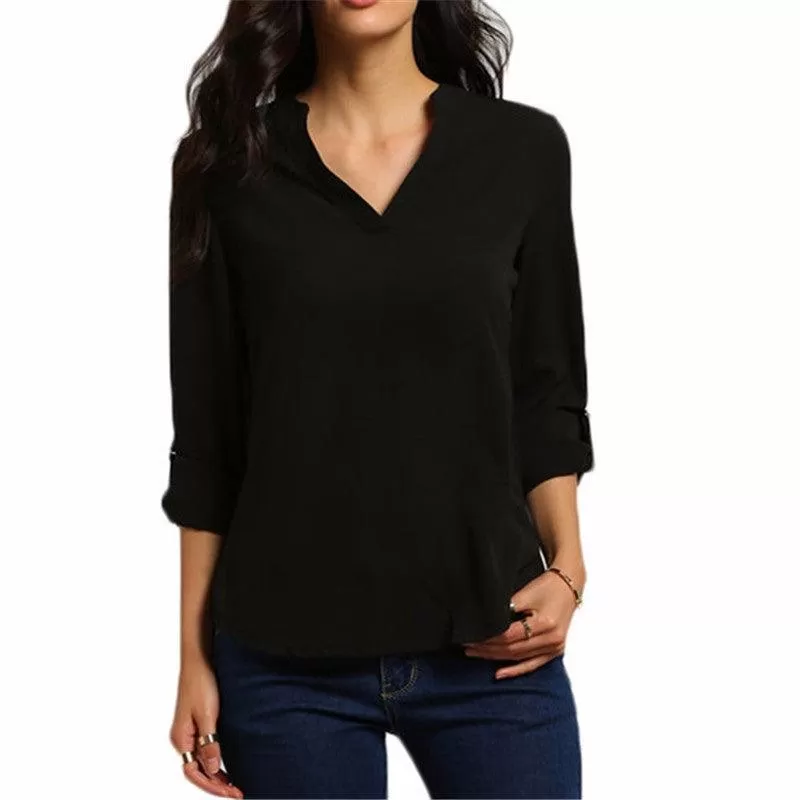 CHIFFON V-NECK BLOUSE  WITH 3/4 SLEEVES