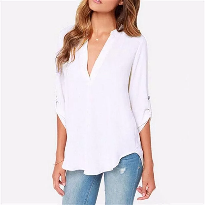 CHIFFON V-NECK BLOUSE  WITH 3/4 SLEEVES