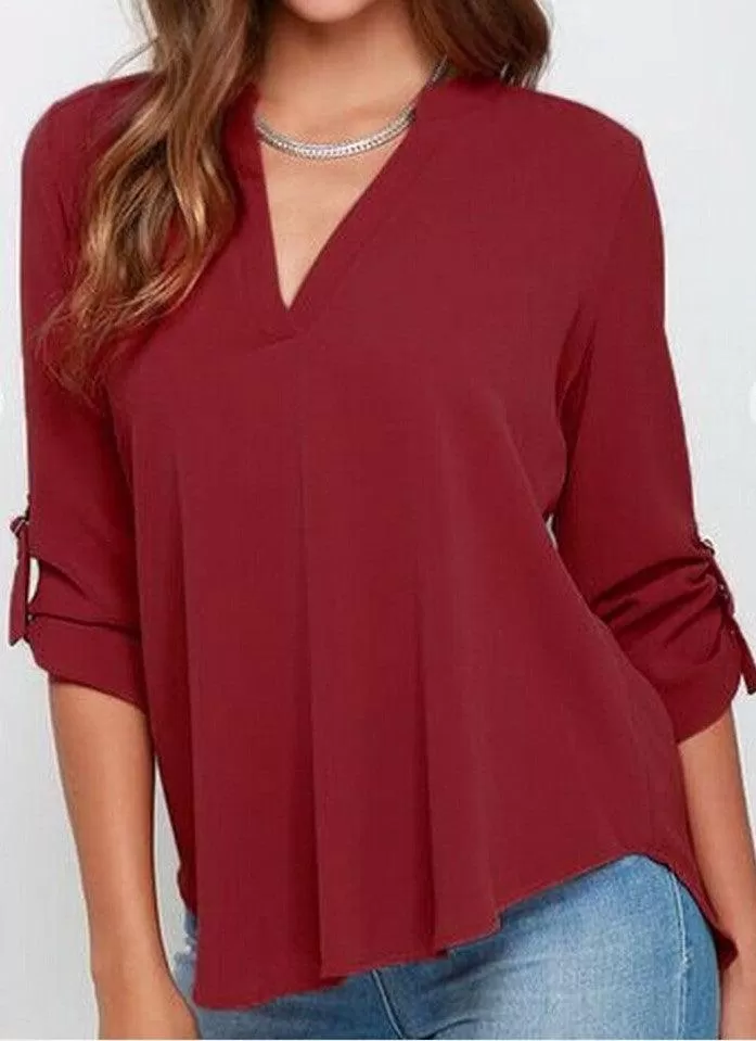 CHIFFON V-NECK BLOUSE  WITH 3/4 SLEEVES