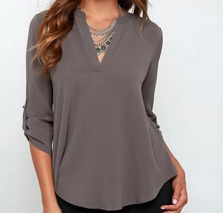 CHIFFON V-NECK BLOUSE  WITH 3/4 SLEEVES