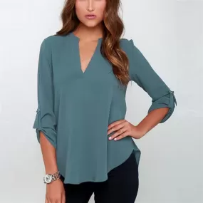 CHIFFON V-NECK BLOUSE  WITH 3/4 SLEEVES