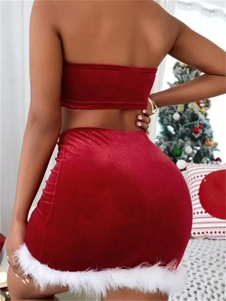 Christmas Off-Shoulder Fur 2 Pieces Set