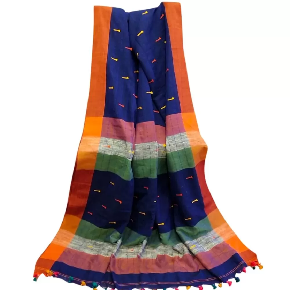 Cotton Linen handloom saree with pompom - Navy Blue