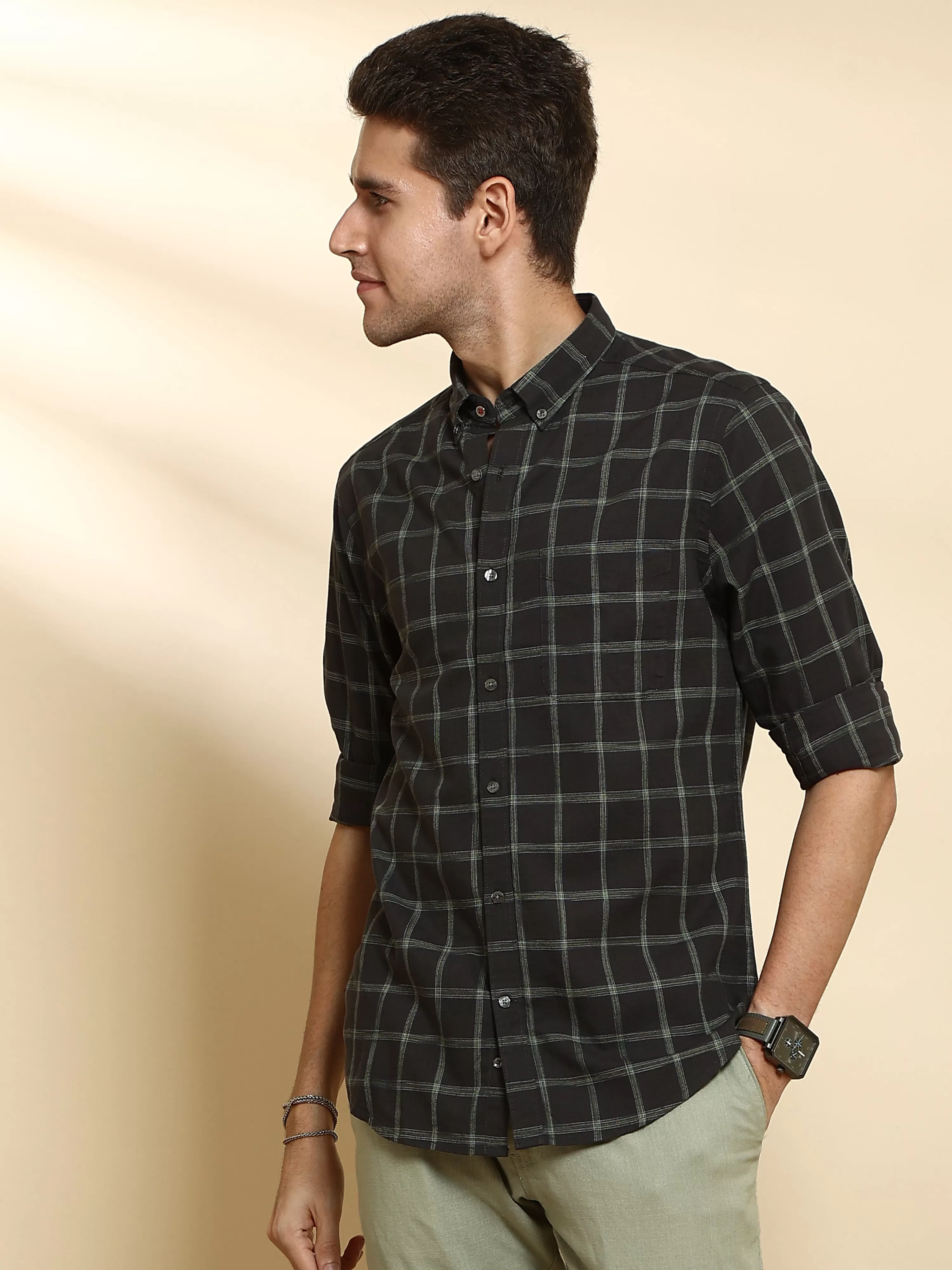 Dark Green Casual Full Sleeve Check Shirt