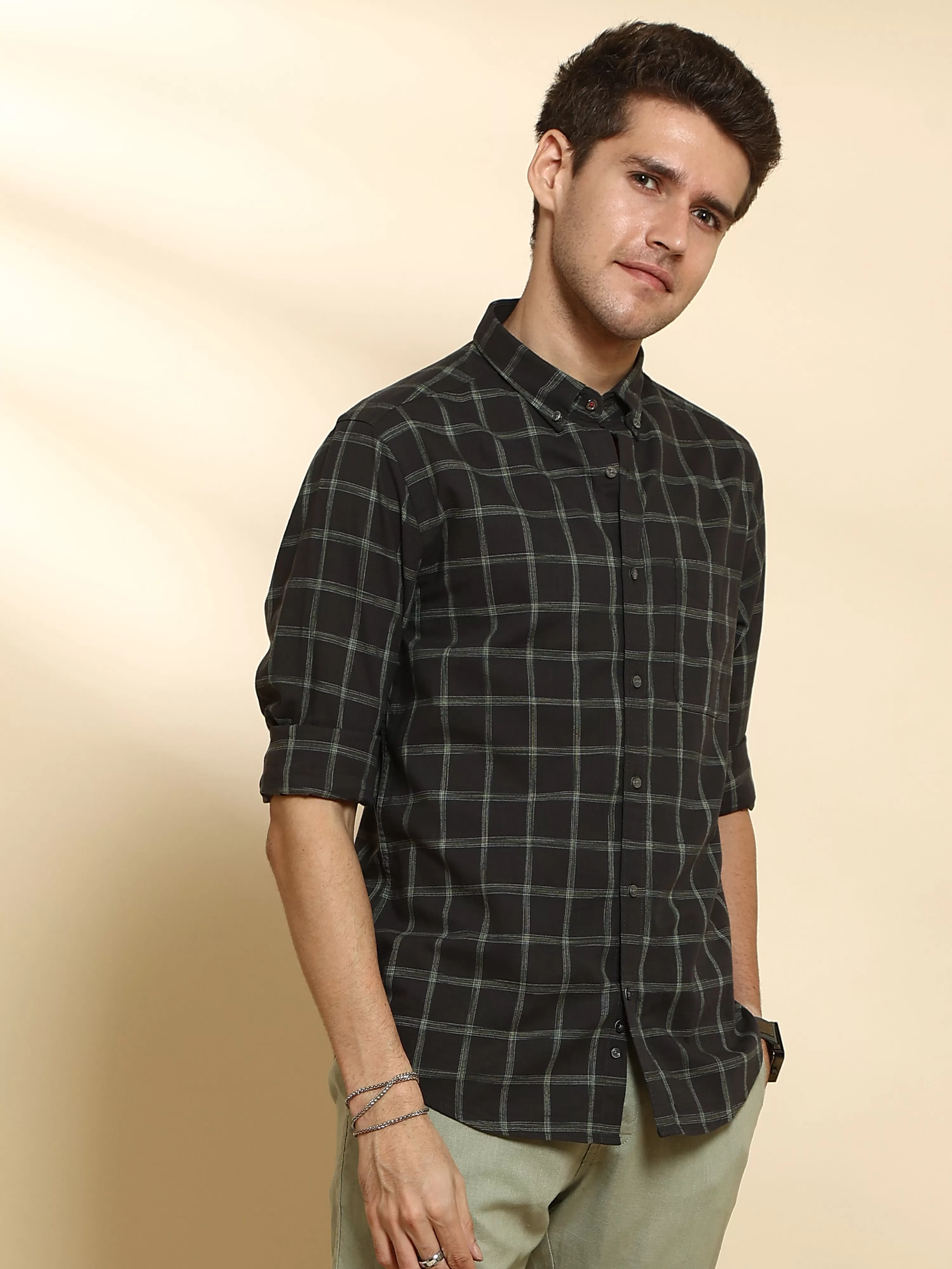 Dark Green Casual Full Sleeve Check Shirt