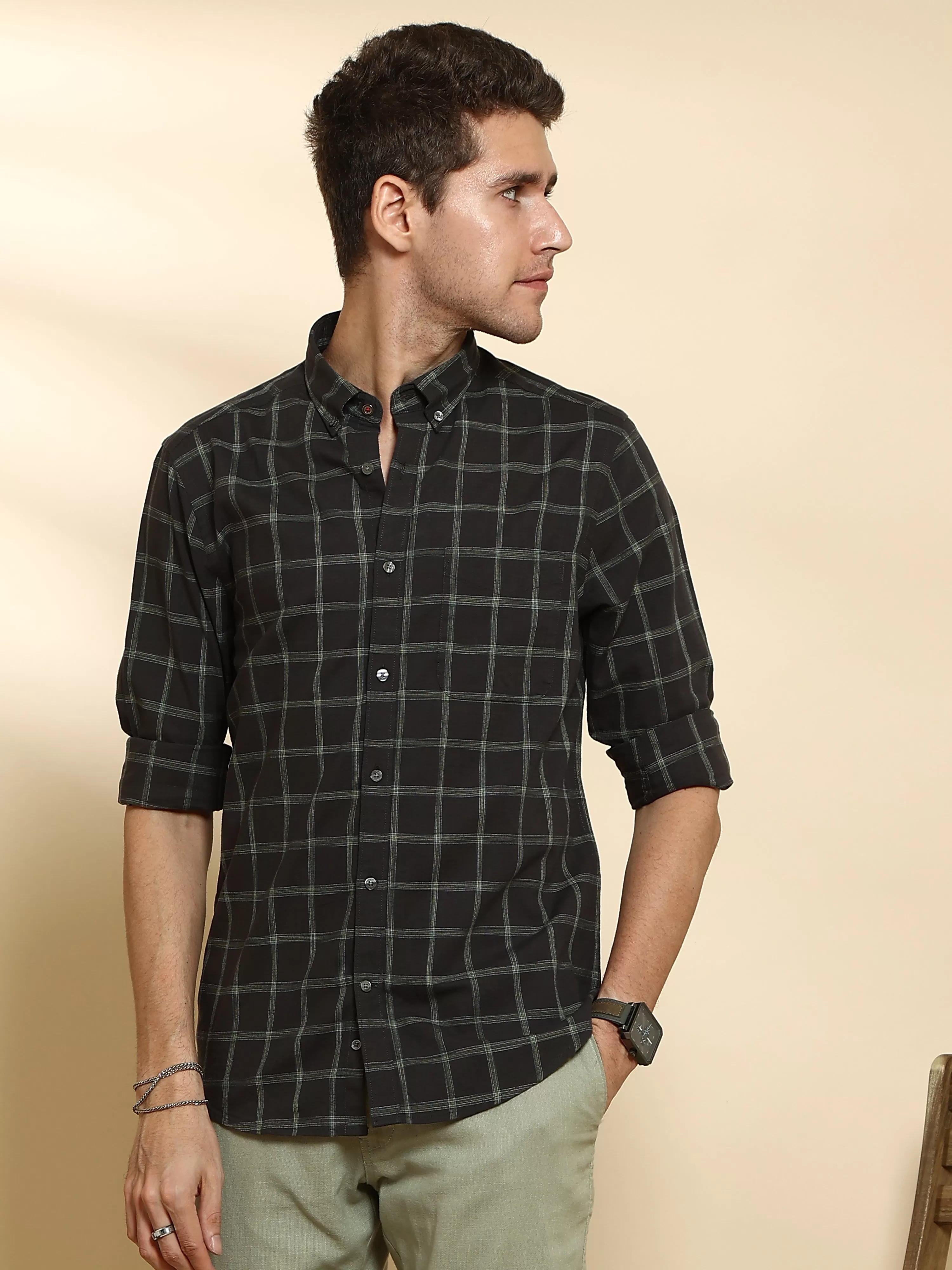 Dark Green Casual Full Sleeve Check Shirt