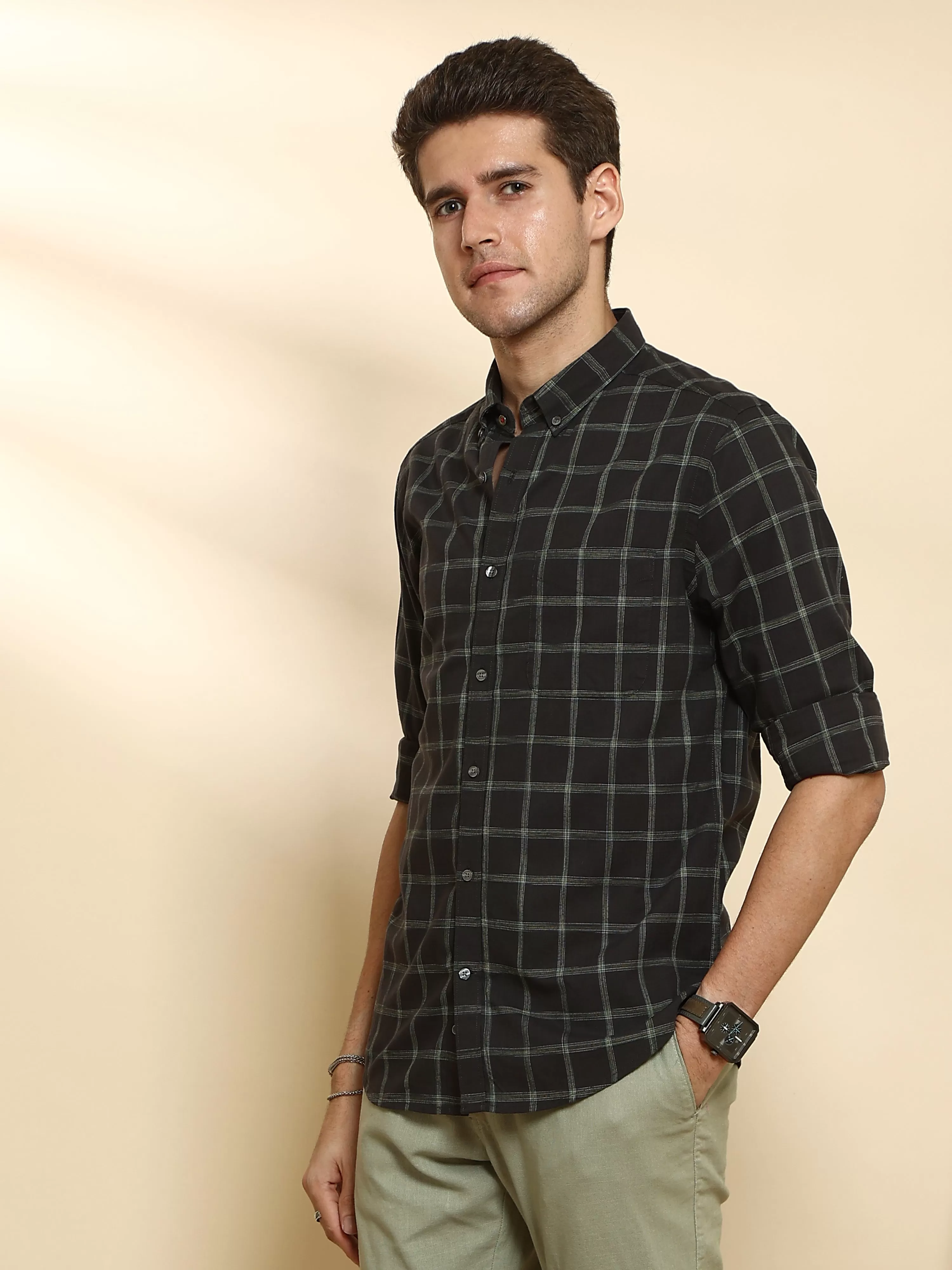 Dark Green Casual Full Sleeve Check Shirt