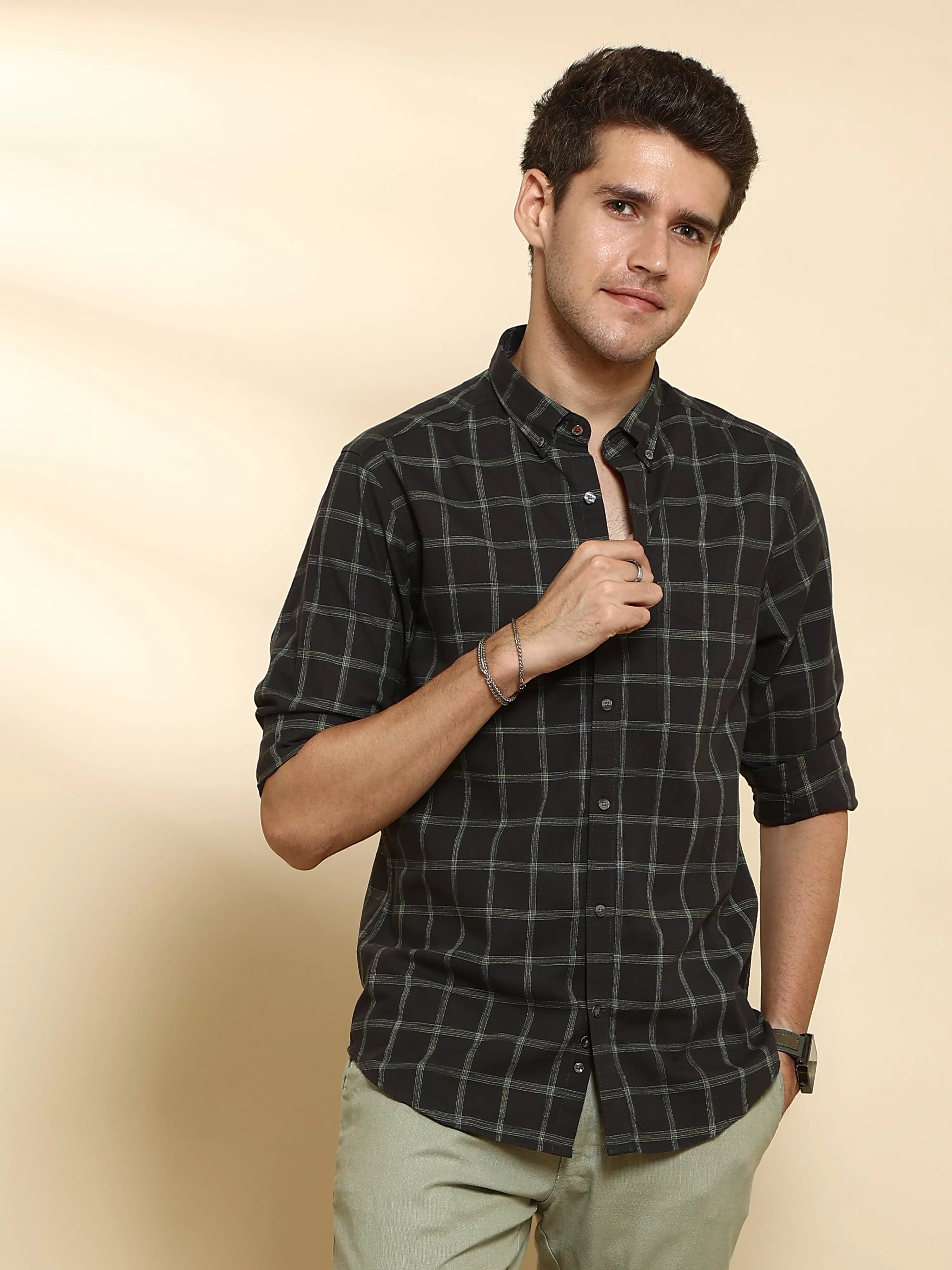 Dark Green Casual Full Sleeve Check Shirt