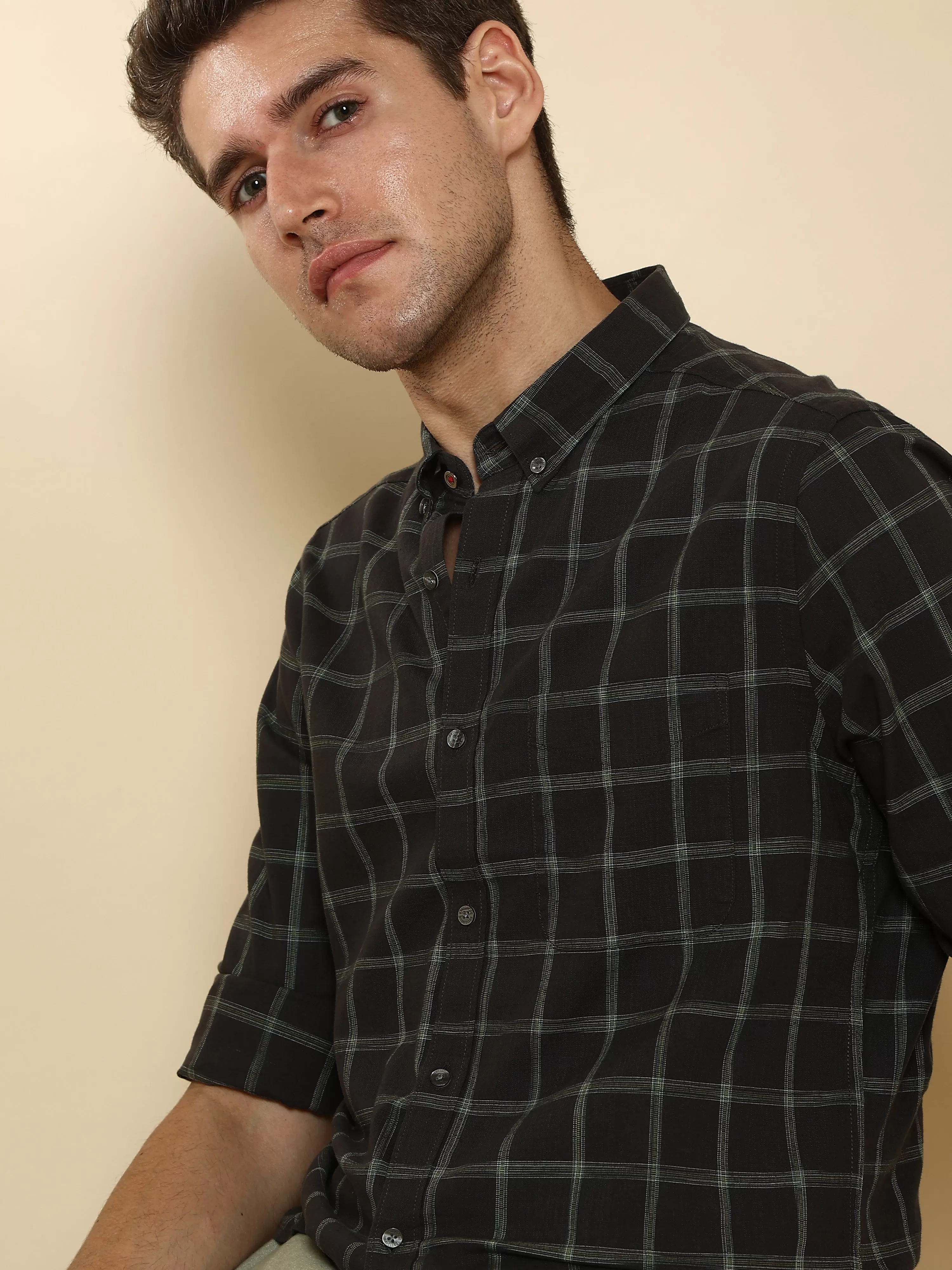 Dark Green Casual Full Sleeve Check Shirt