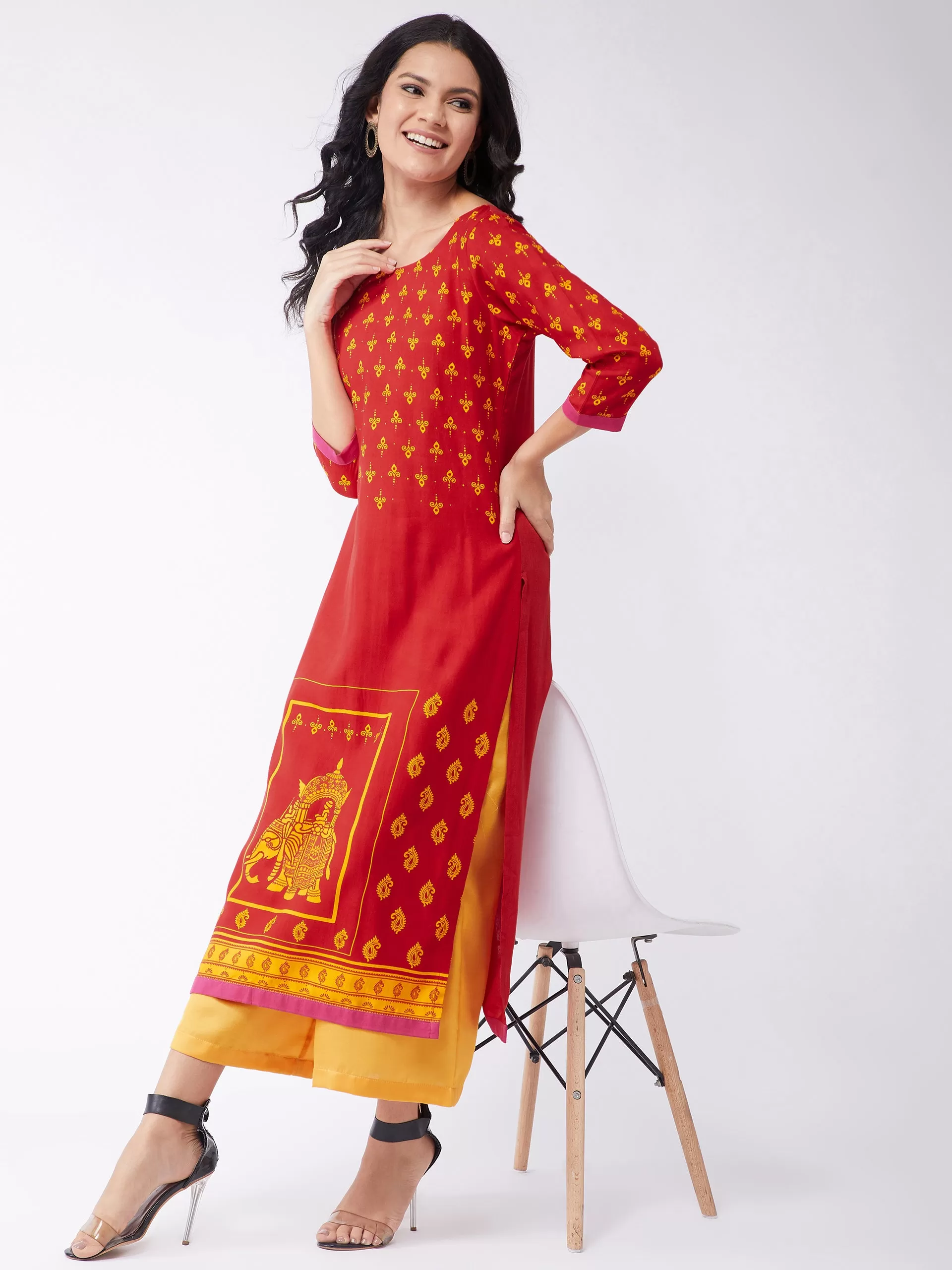 Digital Print Bottom Placement Sindoor Kurta