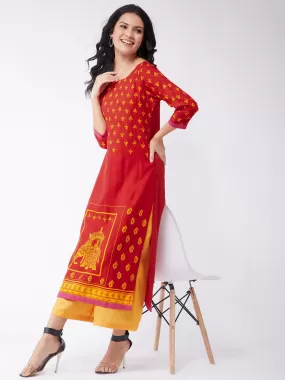 Digital Print Bottom Placement Sindoor Kurta