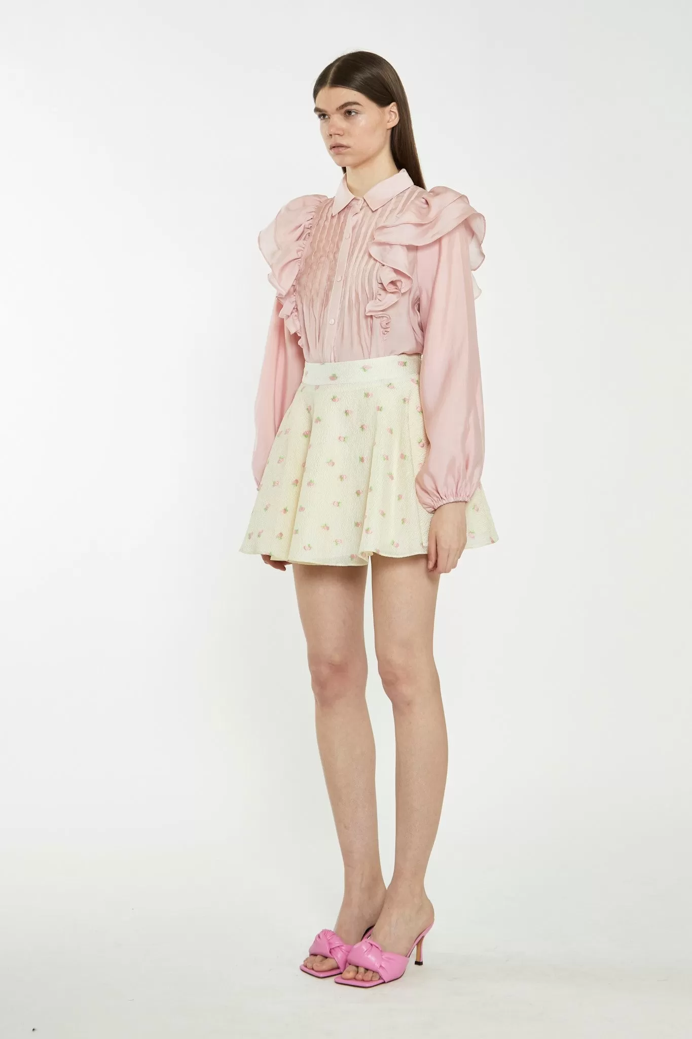 Dusty Pink Button-Front Ruffle Blouse