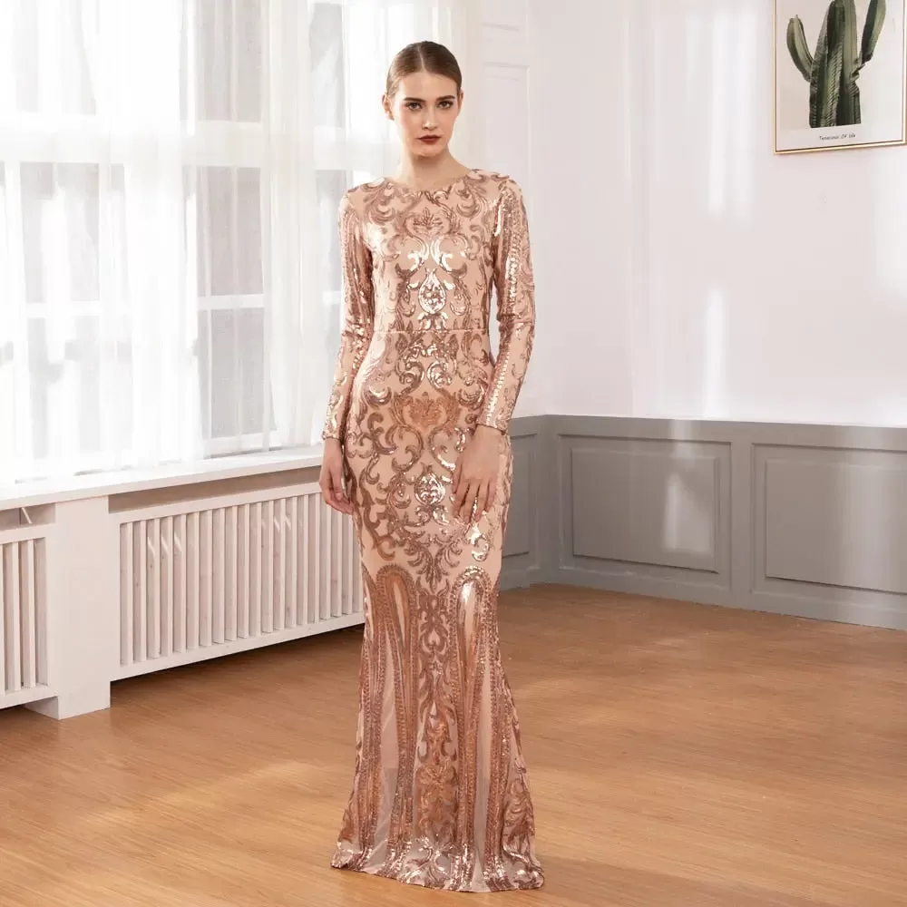 Elegant Full Sleeved O Neck Sequined  Maxi Dress