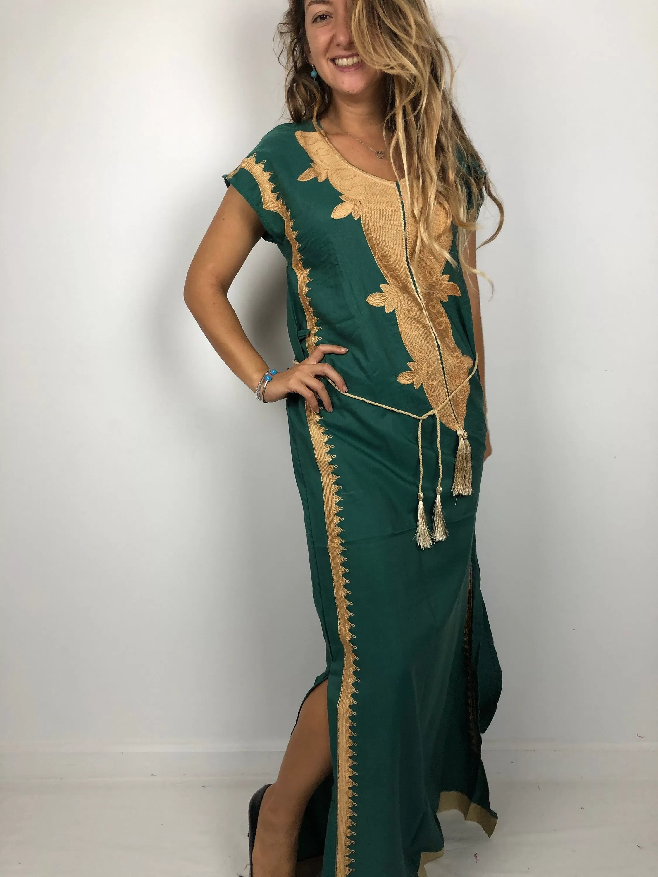 Elegant green evening maxi dress, Bohemian Kaftan. Summer night out, Elegant evening gown, Egyptian cotton.