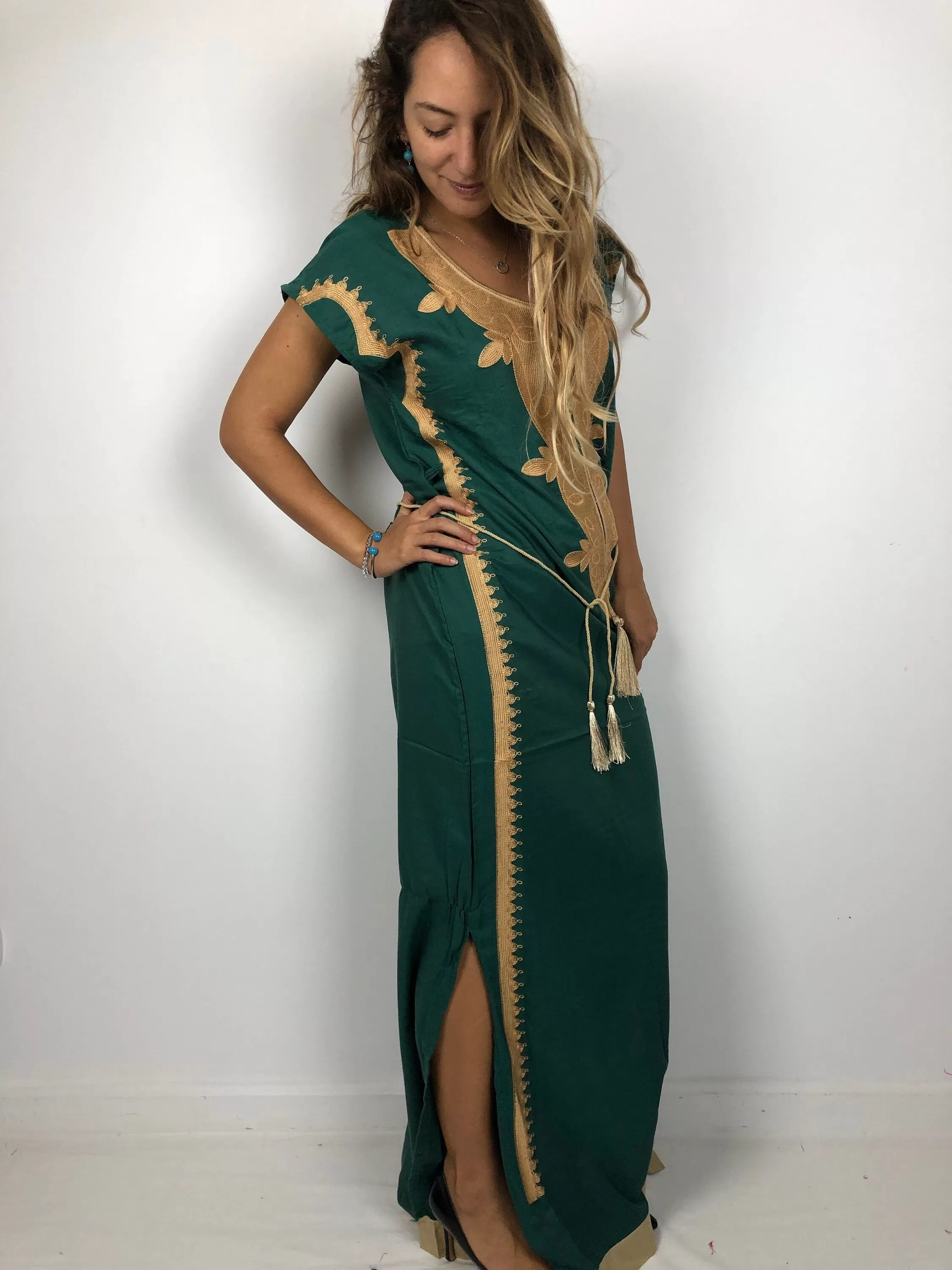 Elegant green evening maxi dress, Bohemian Kaftan. Summer night out, Elegant evening gown, Egyptian cotton.