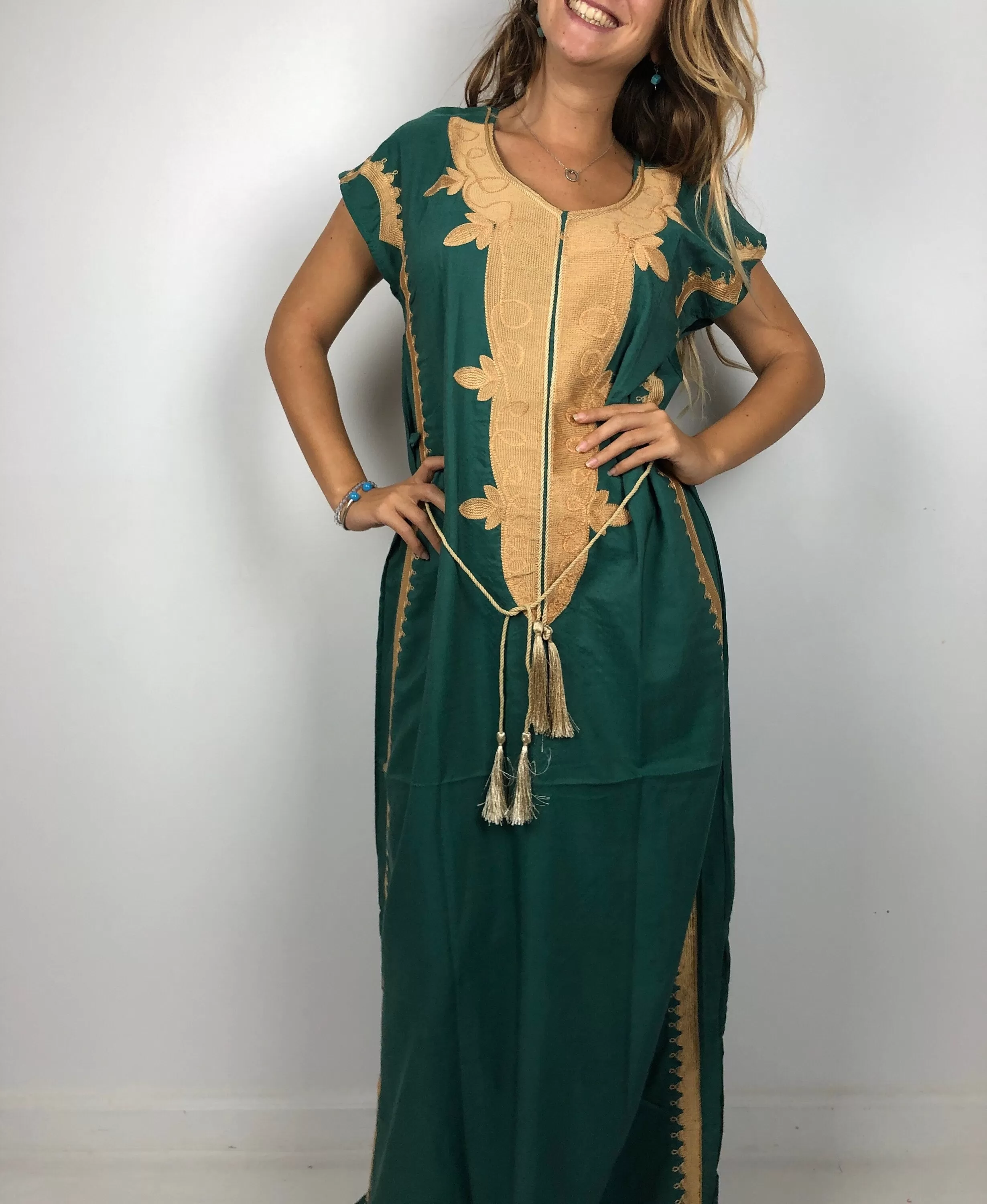 Elegant green evening maxi dress, Bohemian Kaftan. Summer night out, Elegant evening gown, Egyptian cotton.