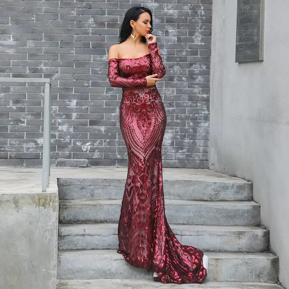 Elegant Long Sleeve Sequins Maxi Dress