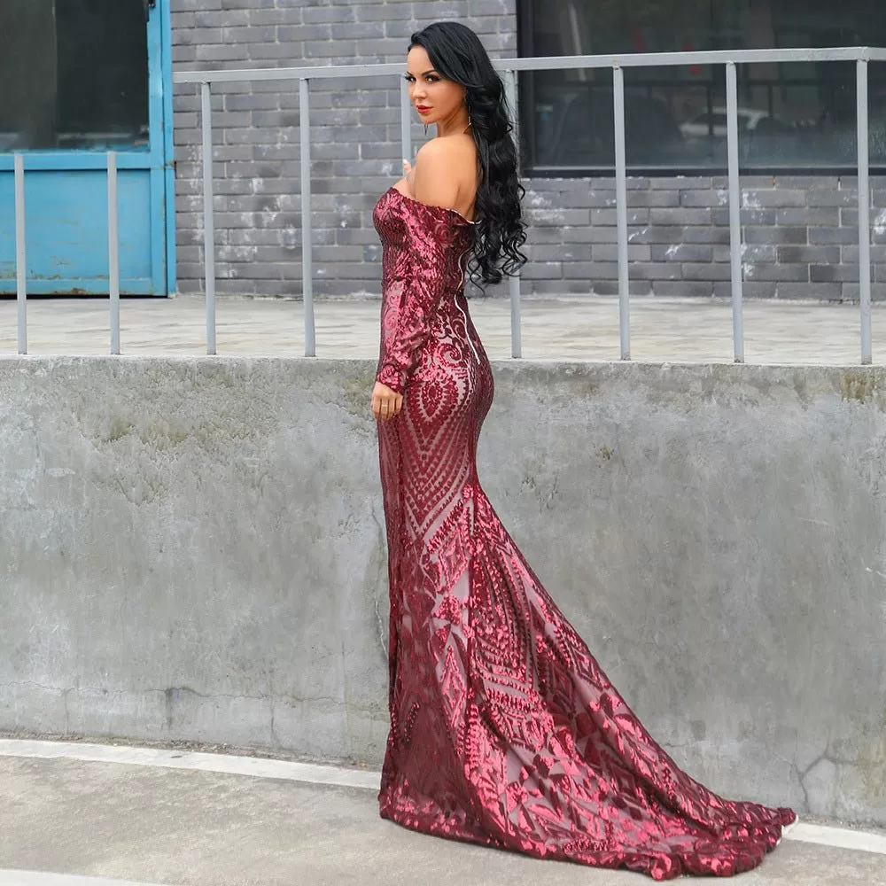 Elegant Long Sleeve Sequins Maxi Dress