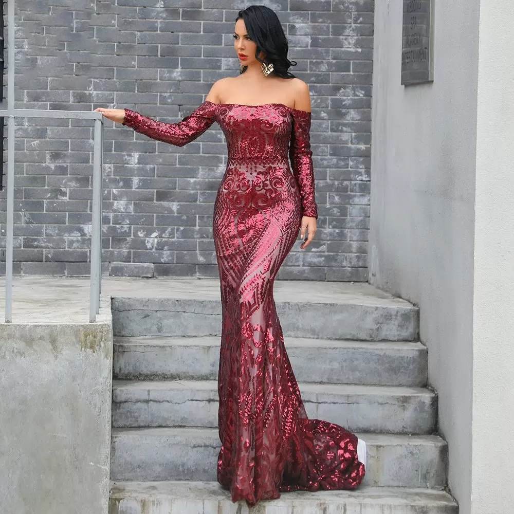 Elegant Long Sleeve Sequins Maxi Dress