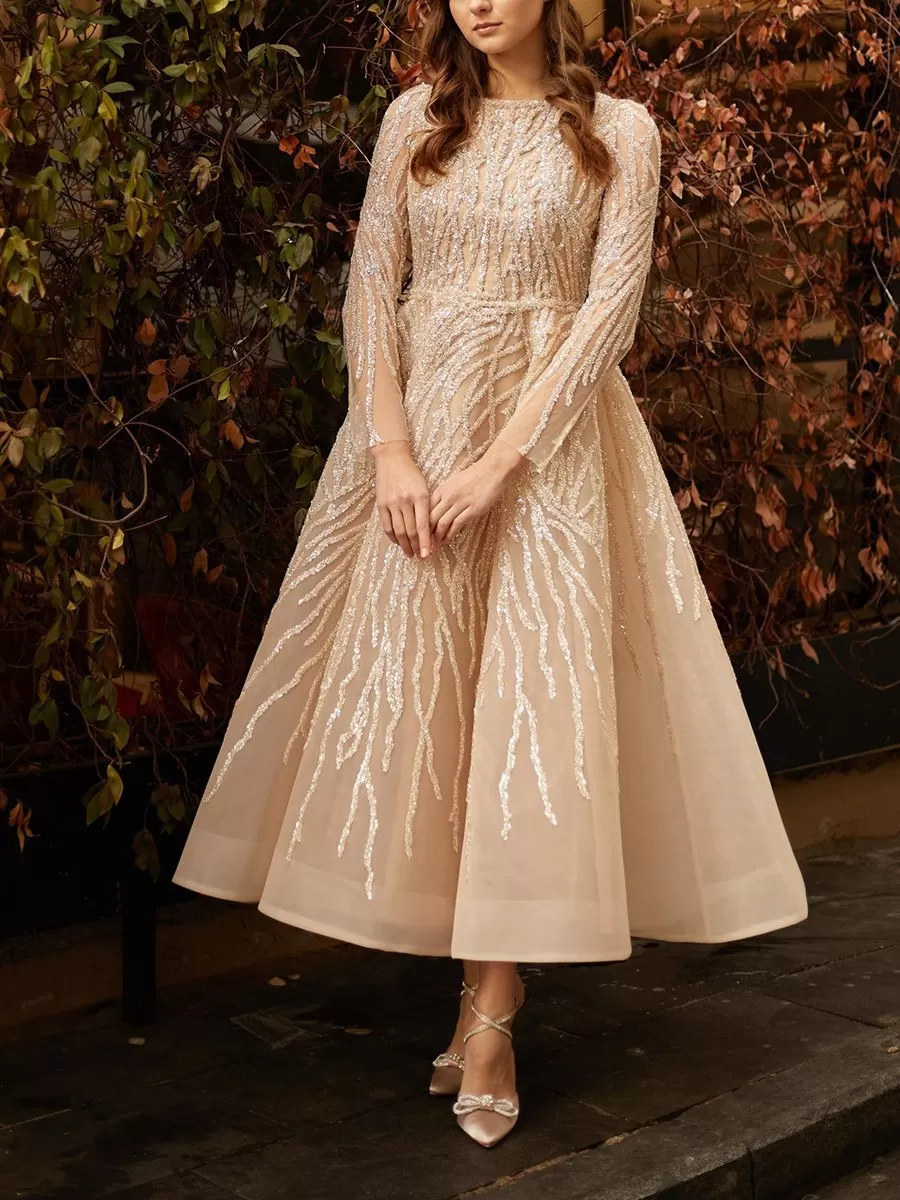 Elegant long-sleeved sequined A-line gown