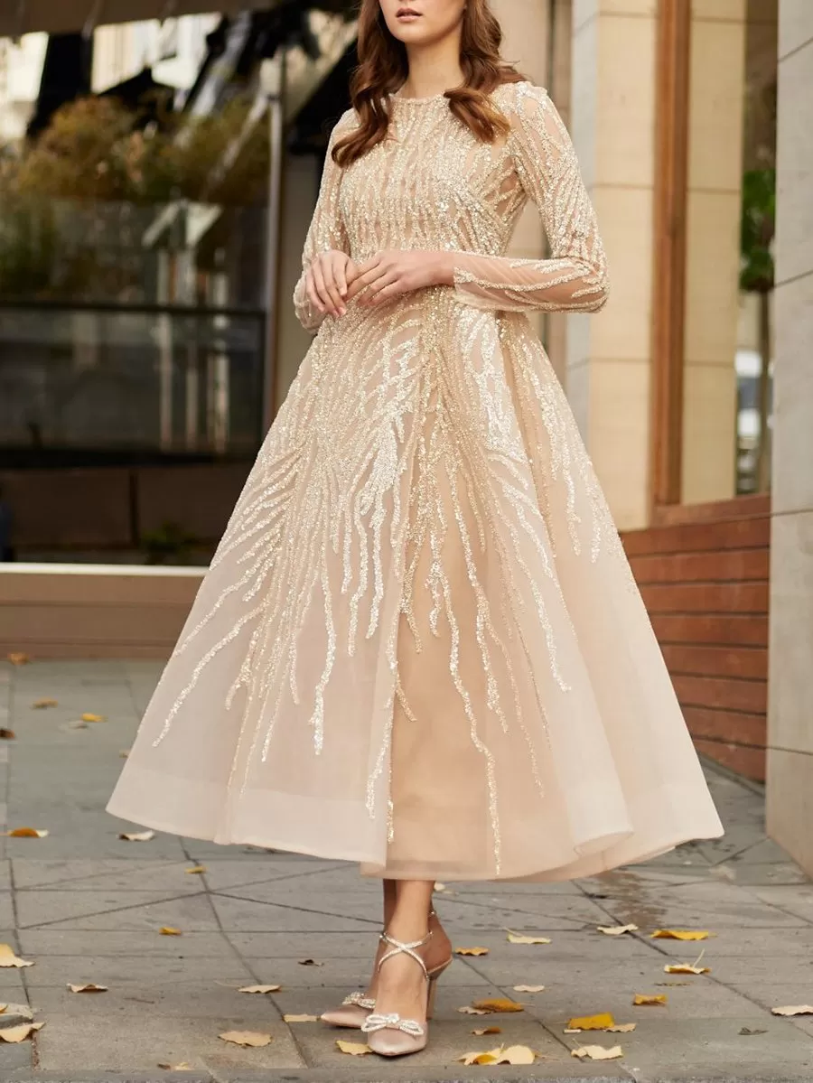 Elegant long-sleeved sequined A-line gown