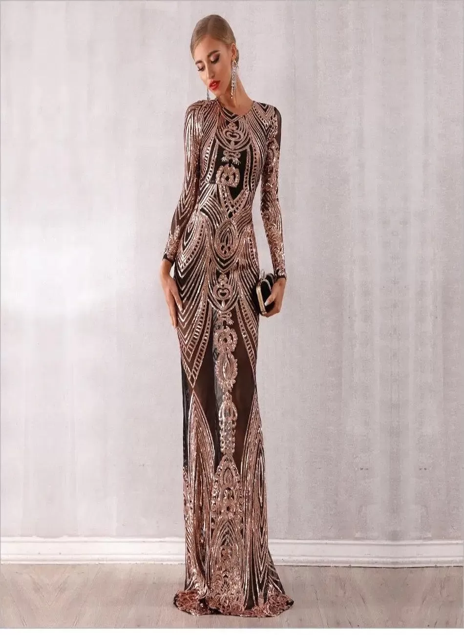 Elegant Mesh Long Sleeve Sequins Maxi Dress