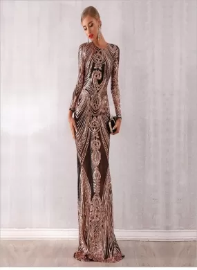 Elegant Mesh Long Sleeve Sequins Maxi Dress