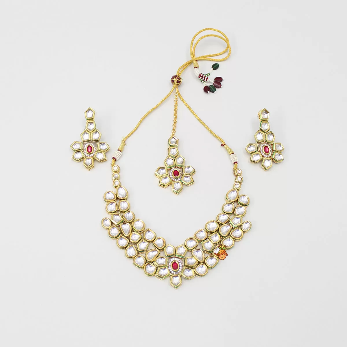 Elegant Pink And White Stone Studded Necklace With Earrings And Maang Tikka