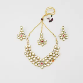 Elegant Pink And White Stone Studded Necklace With Earrings And Maang Tikka