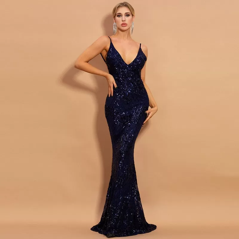 elegant sequins solid high waist slim maxi dress