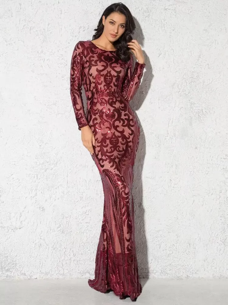 Elegant Vestido Full Sleeved Sequined Maxi Dress