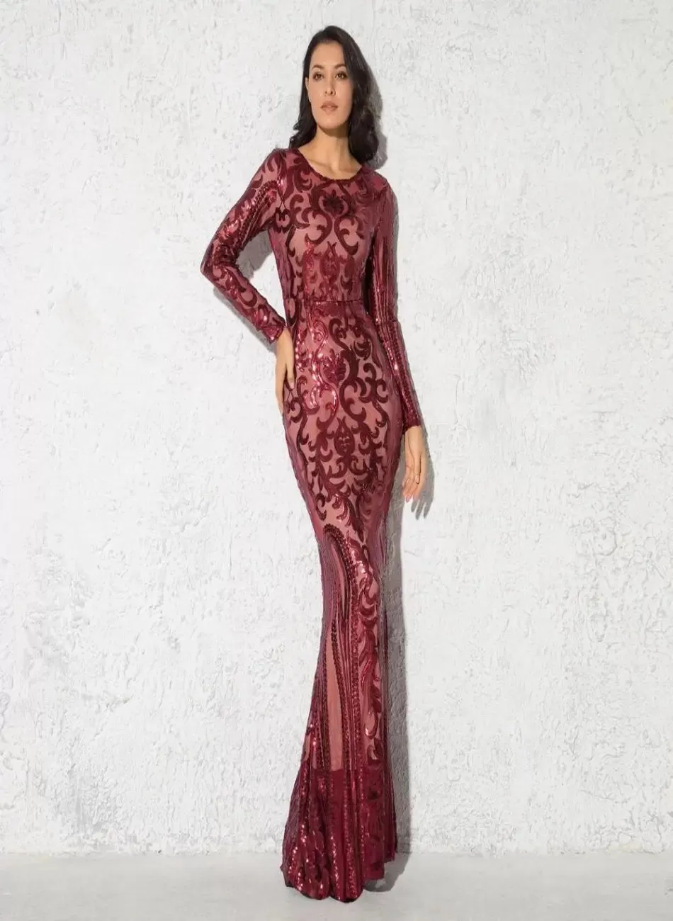 Elegant Vestido Full Sleeved Sequined Maxi Dress