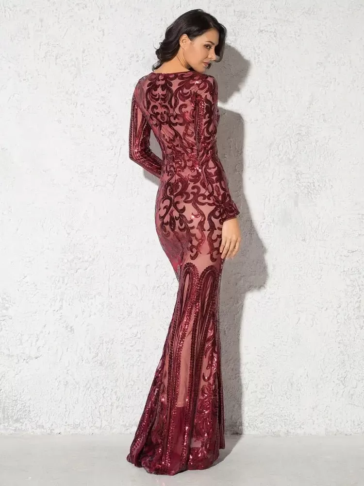 Elegant Vestido Full Sleeved Sequined Maxi Dress