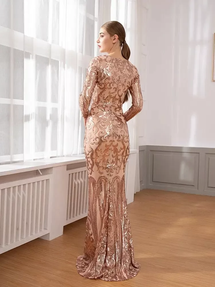 Elegant Vestido Full Sleeved Sequined Maxi Dress