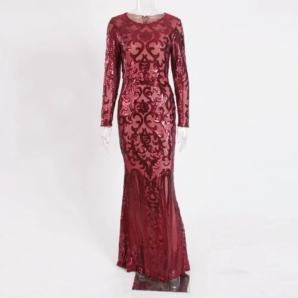 Elegant Vestido Full Sleeved Sequined Maxi Dress