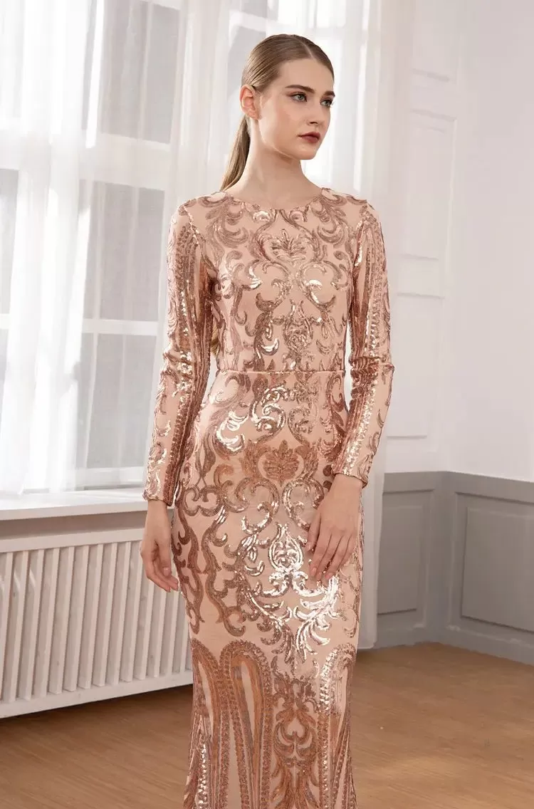 Elegant Vestido Full Sleeved Sequined Maxi Dress