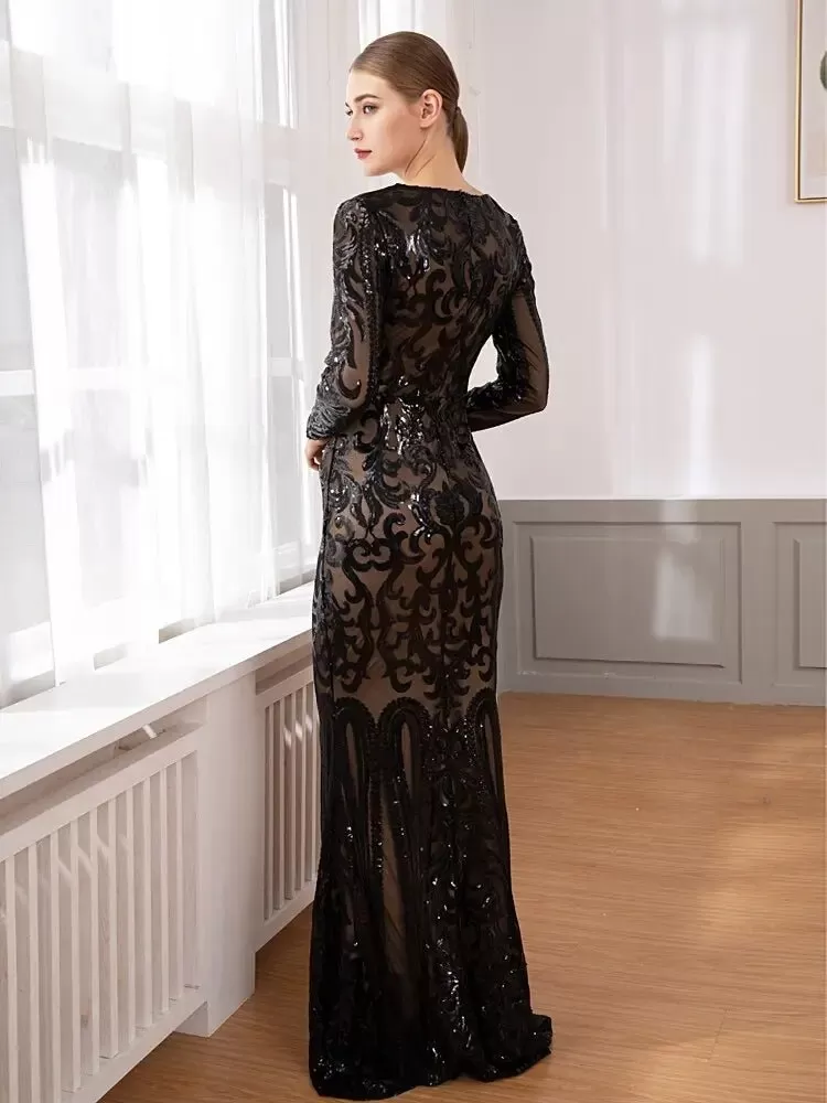 Elegant Vestido Full Sleeved Sequined Maxi Dress