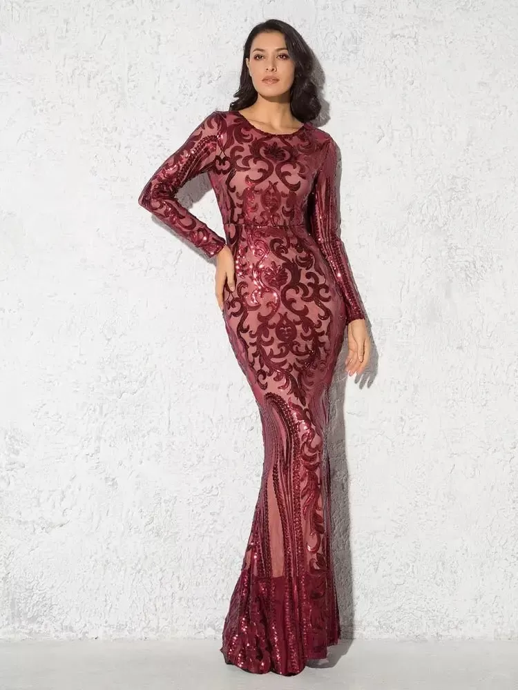 Elegant Vestido Full Sleeved Sequined Maxi Dress