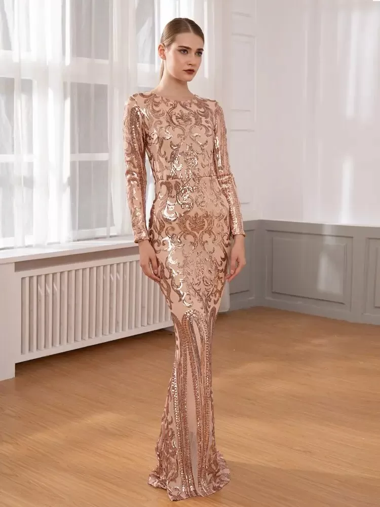 Elegant Vestido Full Sleeved Sequined Maxi Dress